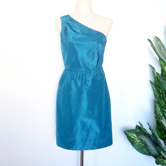 J. Crew Turquoise 100% Silk One Shoulder Sleeveless Pencil Mini Dress Size 4 - Picture 1 of 8